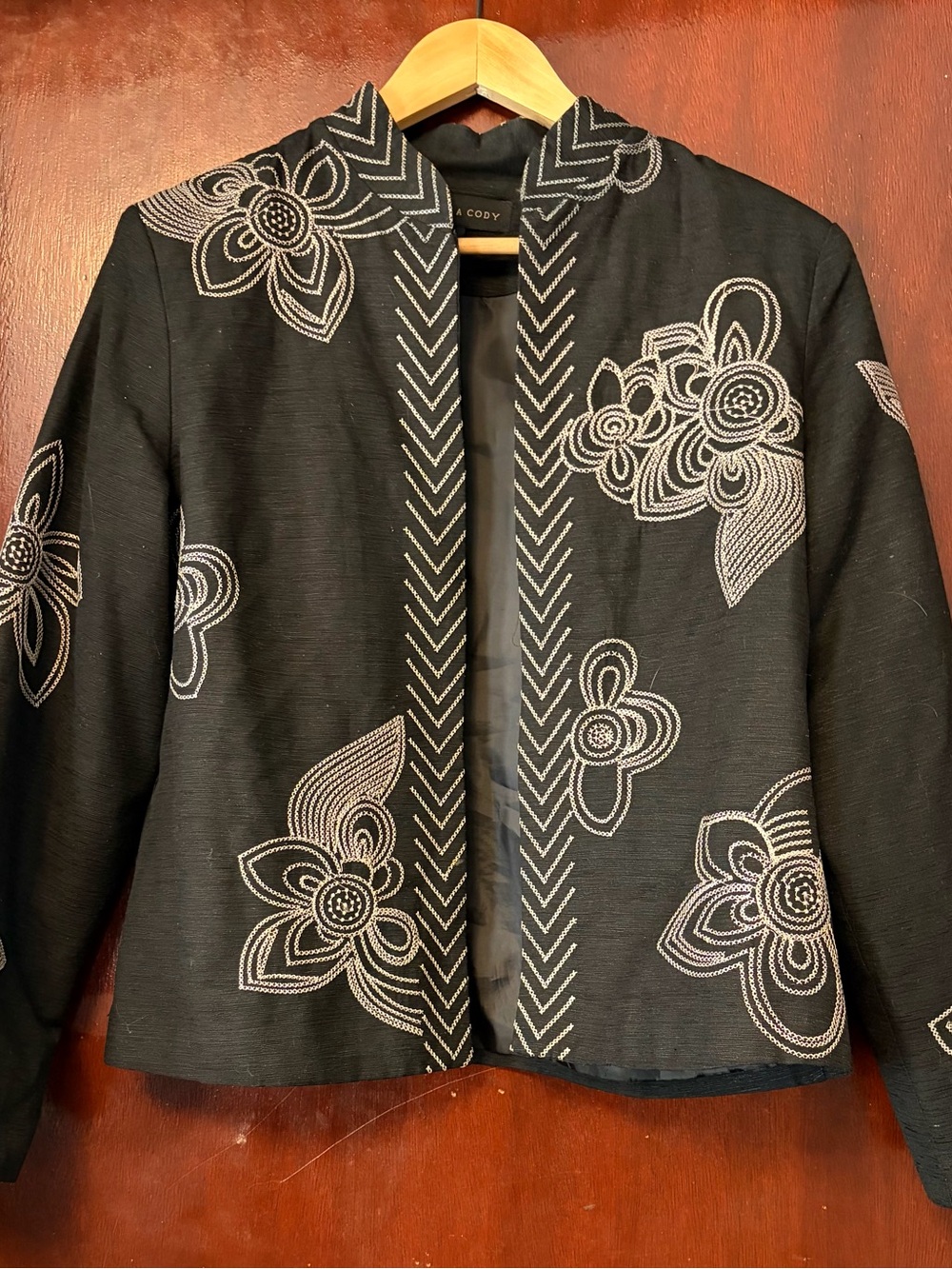 Women’s Donna Cody Black Embroidered Open-Front Jacket - Ann Taylor Cody
